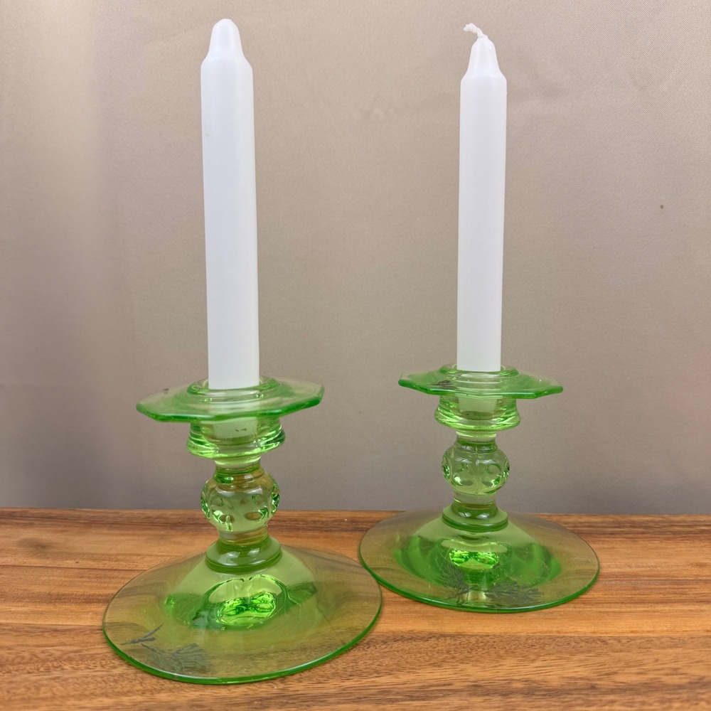 Vintage Cambridge Green Uranium Glass Candlesticks Hexagonal Pair Vaseline Glow
